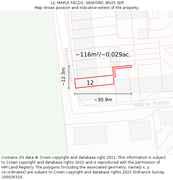 12, MAPLE FIELDS, SEAFORD, BN25 3ER: Plot and title map