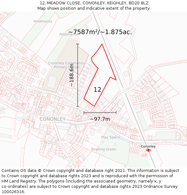 12, MEADOW CLOSE, CONONLEY, KEIGHLEY, BD20 8LZ: Plot and title map