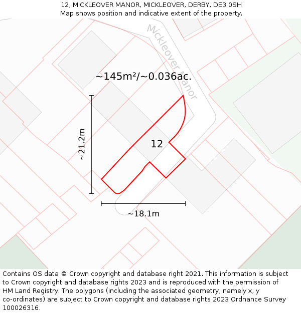12, MICKLEOVER MANOR, MICKLEOVER, DERBY, DE3 0SH: Plot and title map