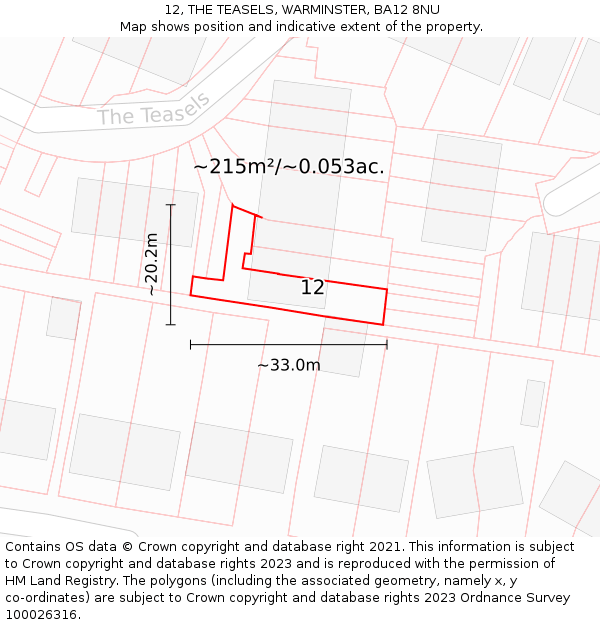 12, THE TEASELS, WARMINSTER, BA12 8NU: Plot and title map