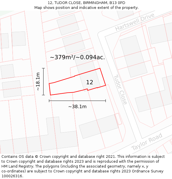 12, TUDOR CLOSE, BIRMINGHAM, B13 0PD: Plot and title map