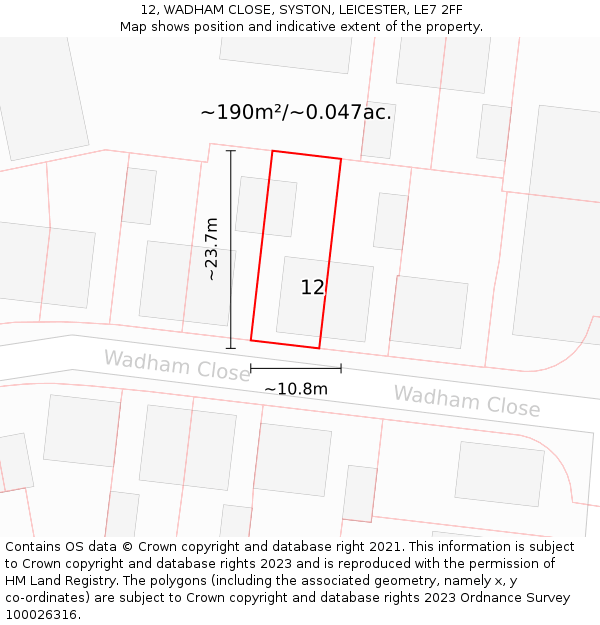 12, WADHAM CLOSE, SYSTON, LEICESTER, LE7 2FF: Plot and title map