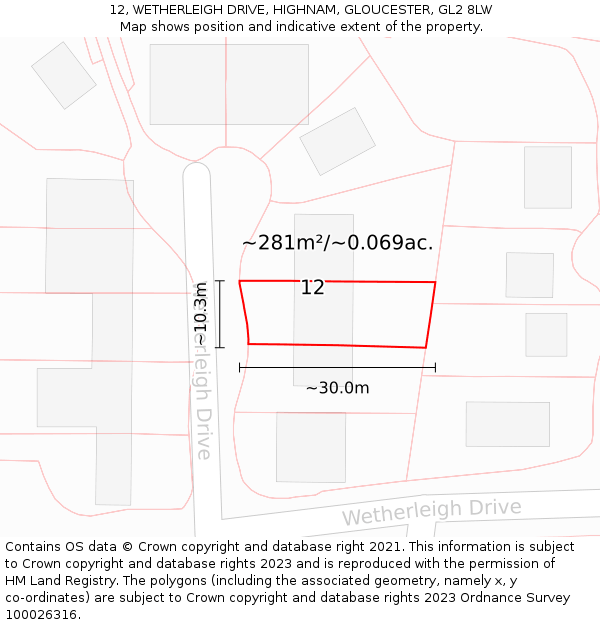 12, WETHERLEIGH DRIVE, HIGHNAM, GLOUCESTER, GL2 8LW: Plot and title map