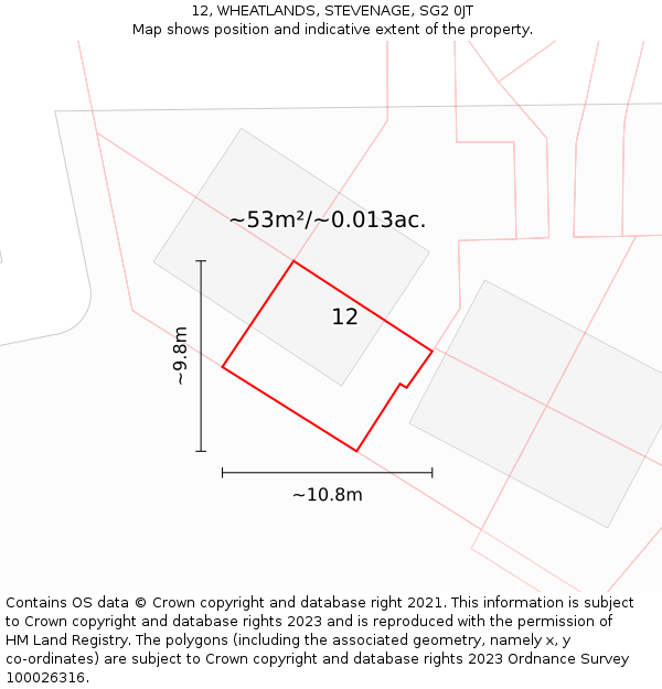 12, WHEATLANDS, STEVENAGE, SG2 0JT: Plot and title map