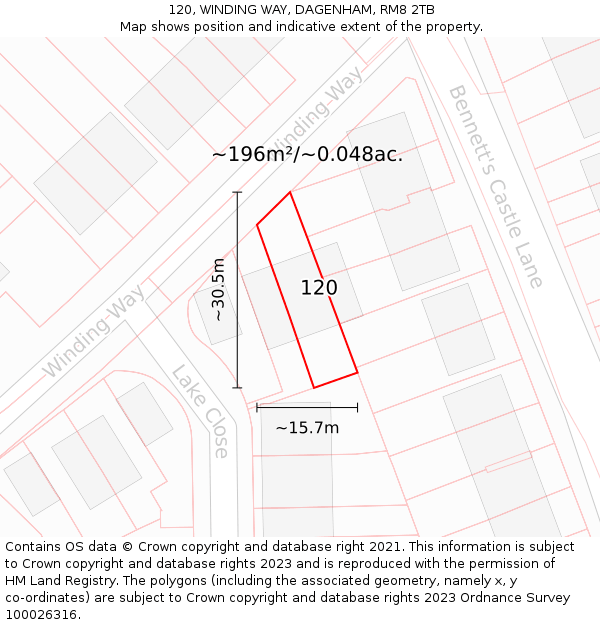 120, WINDING WAY, DAGENHAM, RM8 2TB: Plot and title map