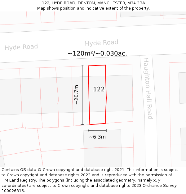 122, HYDE ROAD, DENTON, MANCHESTER, M34 3BA: Plot and title map