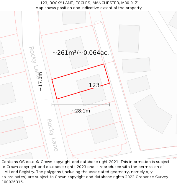 123, ROCKY LANE, ECCLES, MANCHESTER, M30 9LZ: Plot and title map