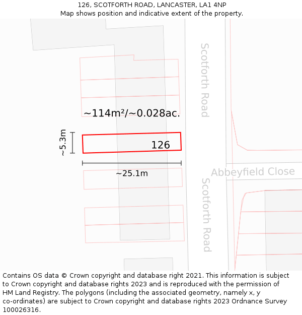 126, SCOTFORTH ROAD, LANCASTER, LA1 4NP: Plot and title map