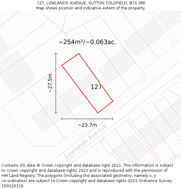 127, LOWLANDS AVENUE, SUTTON COLDFIELD, B74 3RE: Plot and title map