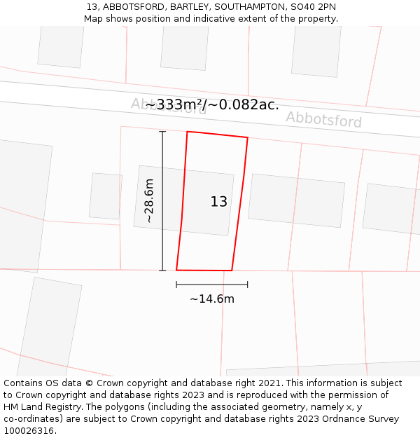 13, ABBOTSFORD, BARTLEY, SOUTHAMPTON, SO40 2PN: Plot and title map