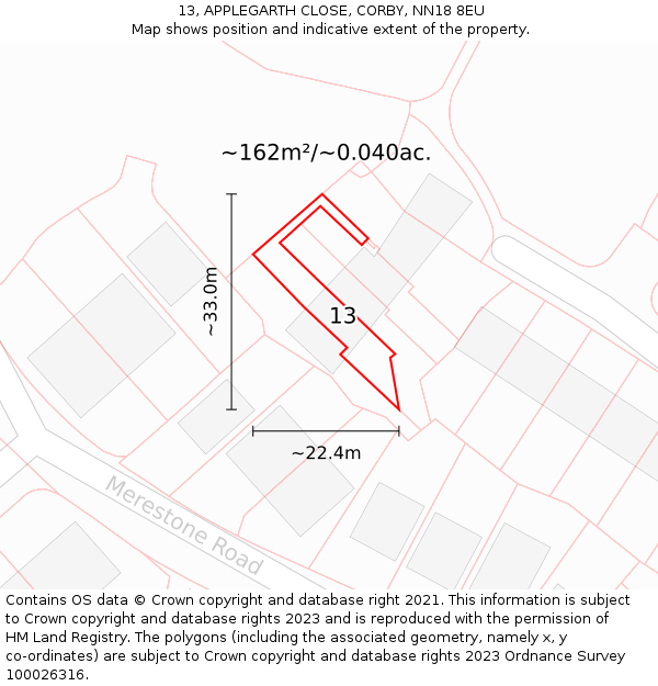 13, APPLEGARTH CLOSE, CORBY, NN18 8EU: Plot and title map