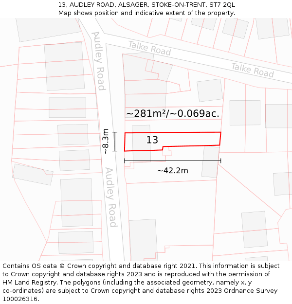 13, AUDLEY ROAD, ALSAGER, STOKE-ON-TRENT, ST7 2QL: Plot and title map