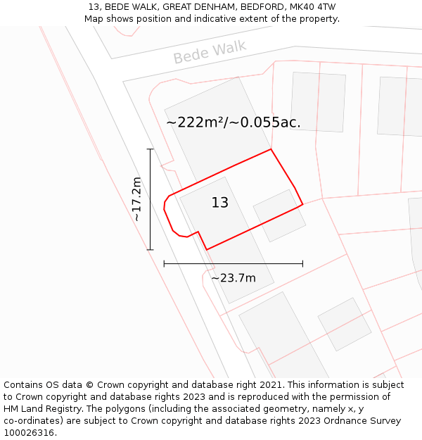 13, BEDE WALK, GREAT DENHAM, BEDFORD, MK40 4TW: Plot and title map