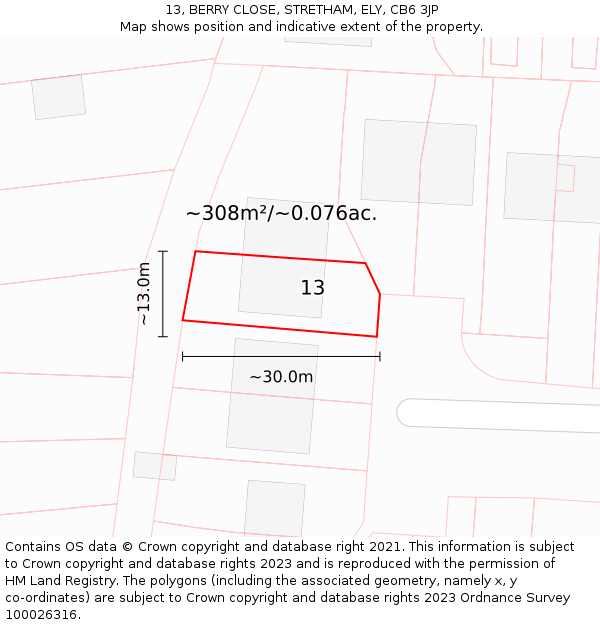 13, BERRY CLOSE, STRETHAM, ELY, CB6 3JP: Plot and title map