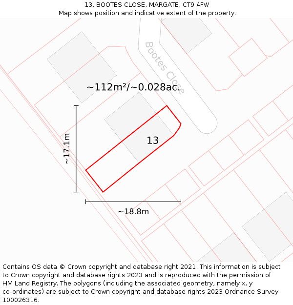 13, BOOTES CLOSE, MARGATE, CT9 4FW: Plot and title map