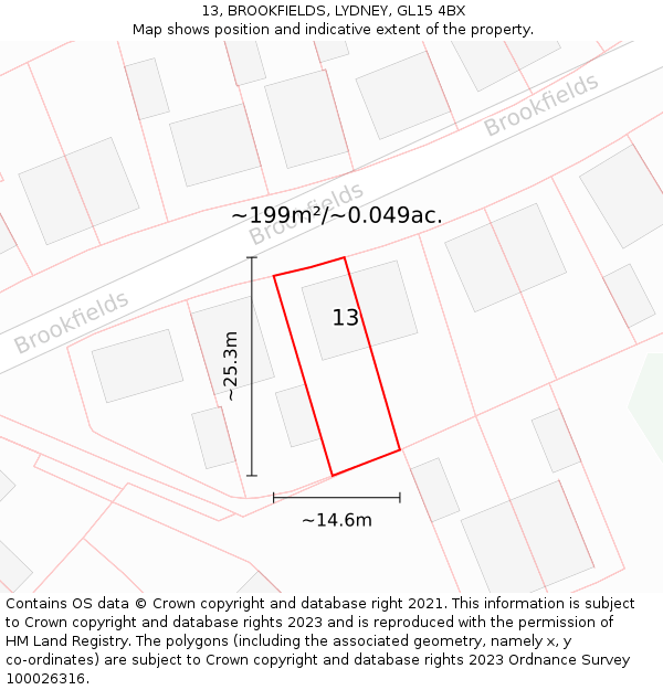13, BROOKFIELDS, LYDNEY, GL15 4BX: Plot and title map