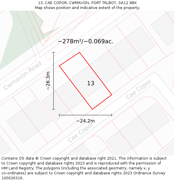 13, CAE COPOR, CWMAVON, PORT TALBOT, SA12 9BX: Plot and title map