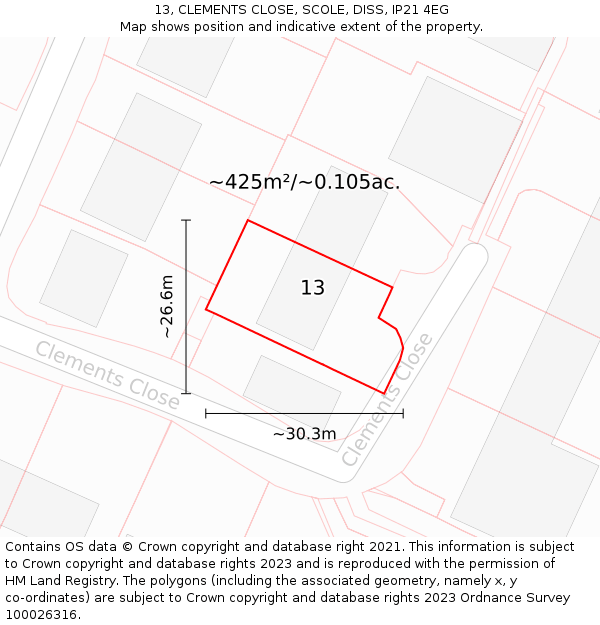 13, CLEMENTS CLOSE, SCOLE, DISS, IP21 4EG: Plot and title map