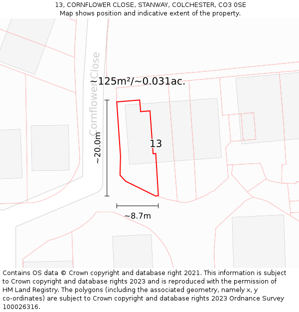 13, CORNFLOWER CLOSE, STANWAY, COLCHESTER, CO3 0SE: Plot and title map