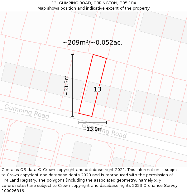 13, GUMPING ROAD, ORPINGTON, BR5 1RX: Plot and title map