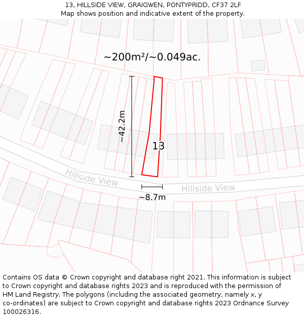 13, HILLSIDE VIEW, GRAIGWEN, PONTYPRIDD, CF37 2LF: Plot and title map