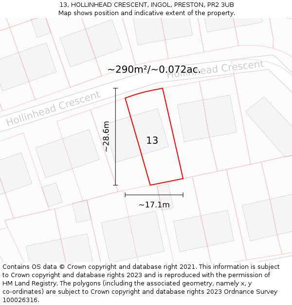 13, HOLLINHEAD CRESCENT, INGOL, PRESTON, PR2 3UB: Plot and title map