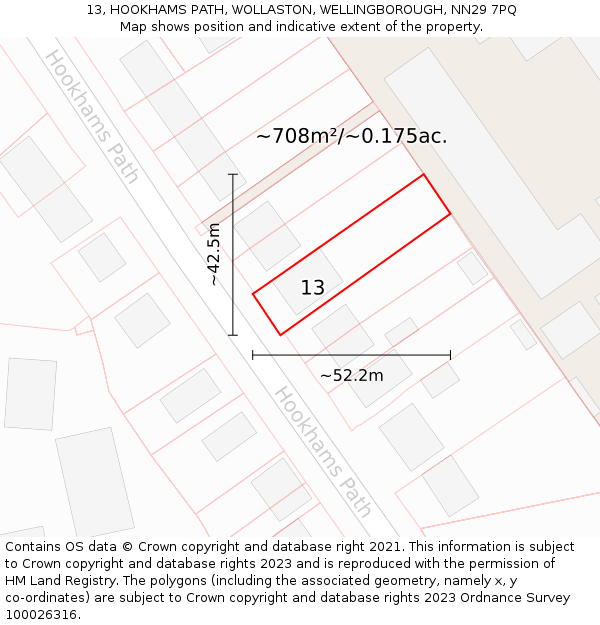 13, HOOKHAMS PATH, WOLLASTON, WELLINGBOROUGH, NN29 7PQ: Plot and title map