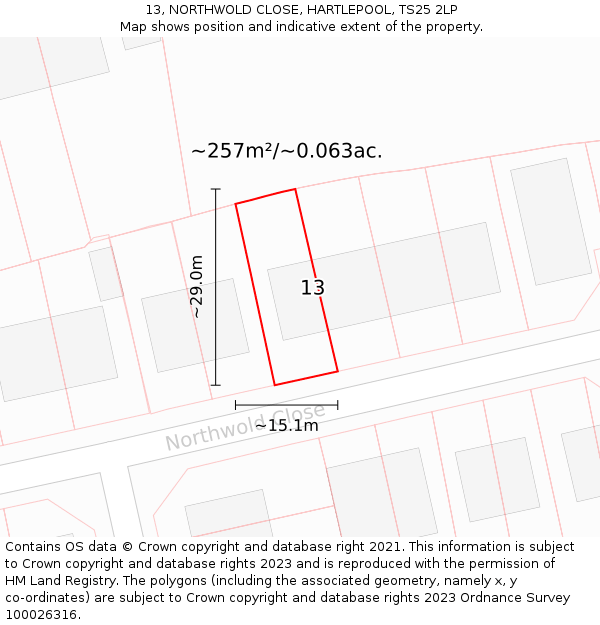 13, NORTHWOLD CLOSE, HARTLEPOOL, TS25 2LP: Plot and title map