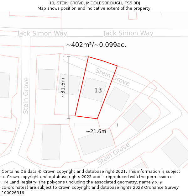 13, STEIN GROVE, MIDDLESBROUGH, TS5 8DJ: Plot and title map