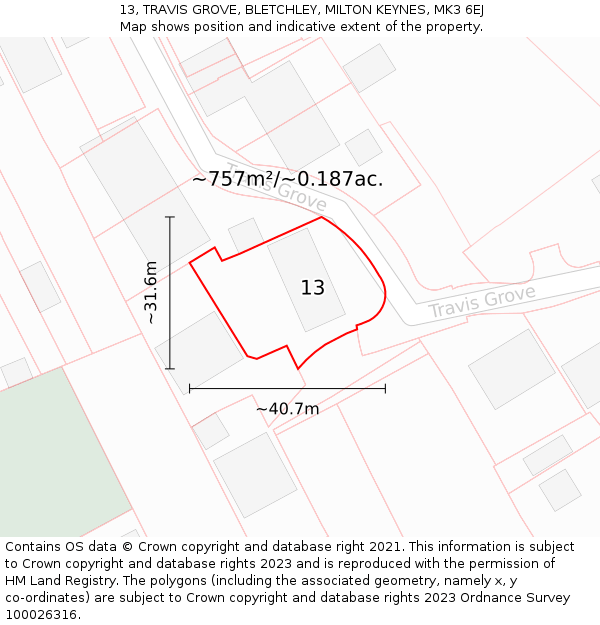 13, TRAVIS GROVE, BLETCHLEY, MILTON KEYNES, MK3 6EJ: Plot and title map