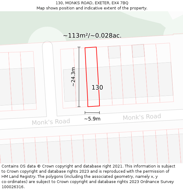 130, MONKS ROAD, EXETER, EX4 7BQ: Plot and title map