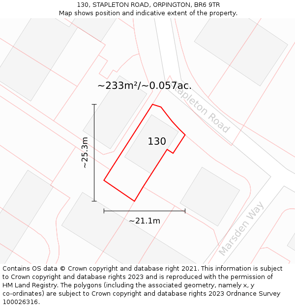 130, STAPLETON ROAD, ORPINGTON, BR6 9TR: Plot and title map
