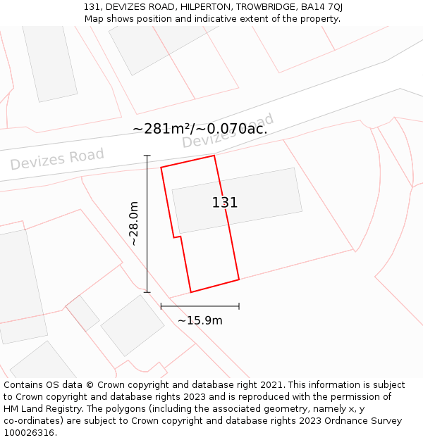 131, DEVIZES ROAD, HILPERTON, TROWBRIDGE, BA14 7QJ: Plot and title map