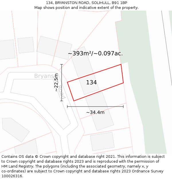 134, BRYANSTON ROAD, SOLIHULL, B91 1BP: Plot and title map