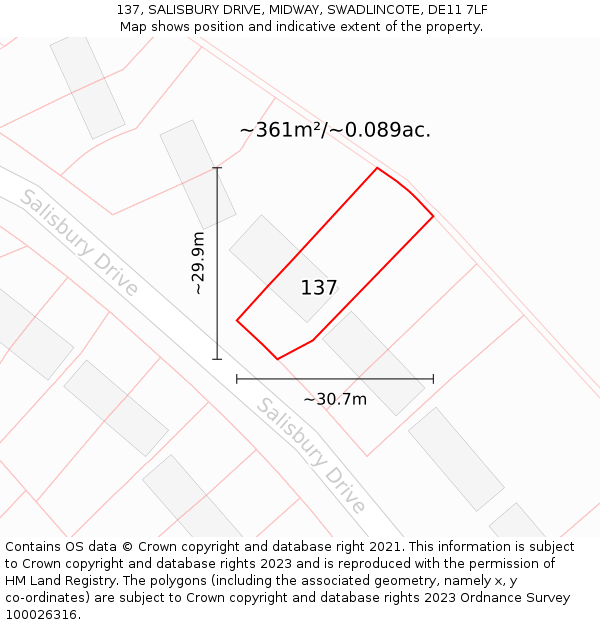 137, SALISBURY DRIVE, MIDWAY, SWADLINCOTE, DE11 7LF: Plot and title map