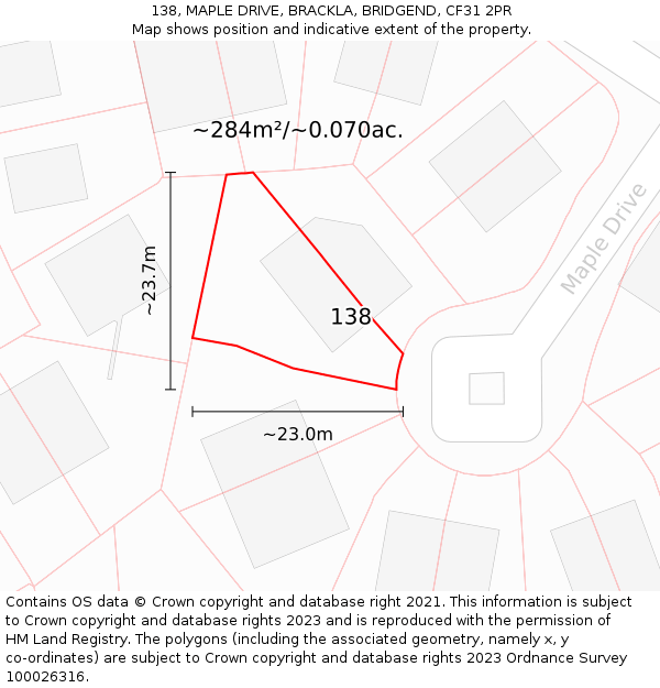 138, MAPLE DRIVE, BRACKLA, BRIDGEND, CF31 2PR: Plot and title map