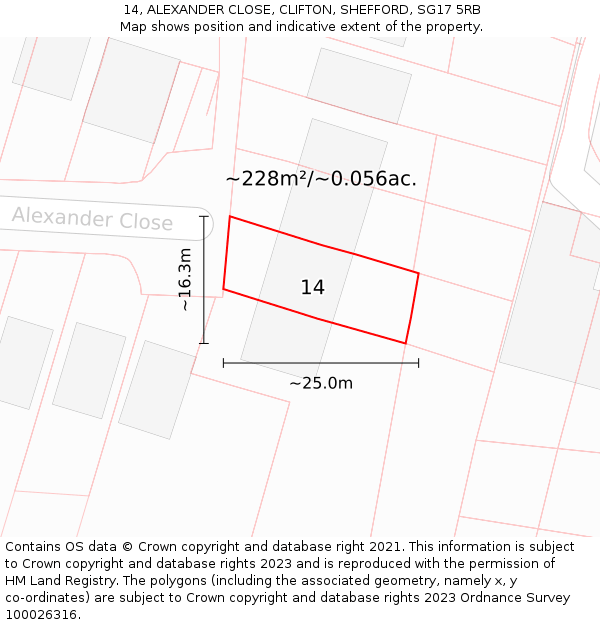14, ALEXANDER CLOSE, CLIFTON, SHEFFORD, SG17 5RB: Plot and title map