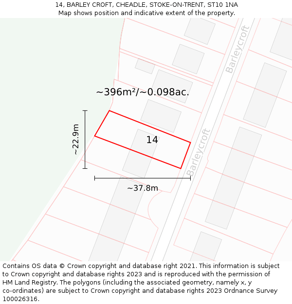 14, BARLEY CROFT, CHEADLE, STOKE-ON-TRENT, ST10 1NA: Plot and title map