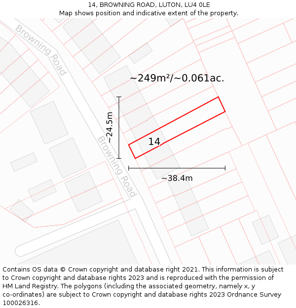 14, BROWNING ROAD, LUTON, LU4 0LE: Plot and title map