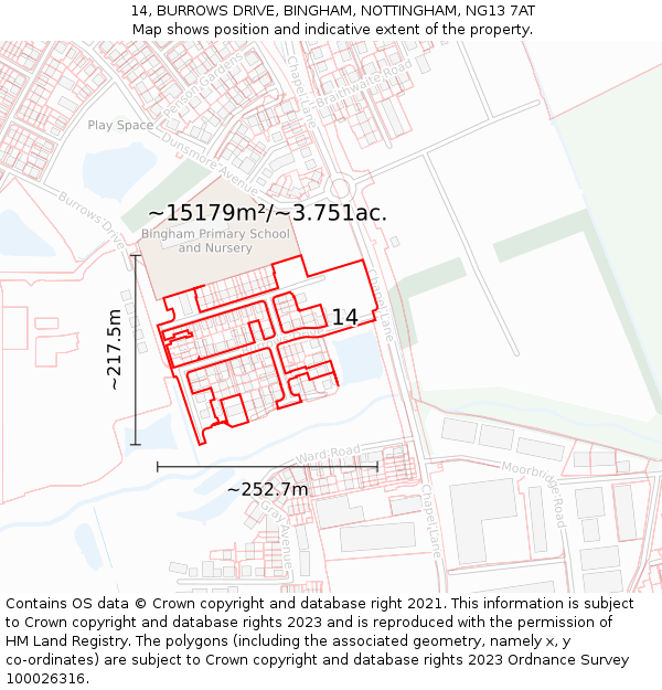 14, BURROWS DRIVE, BINGHAM, NOTTINGHAM, NG13 7AT: Plot and title map