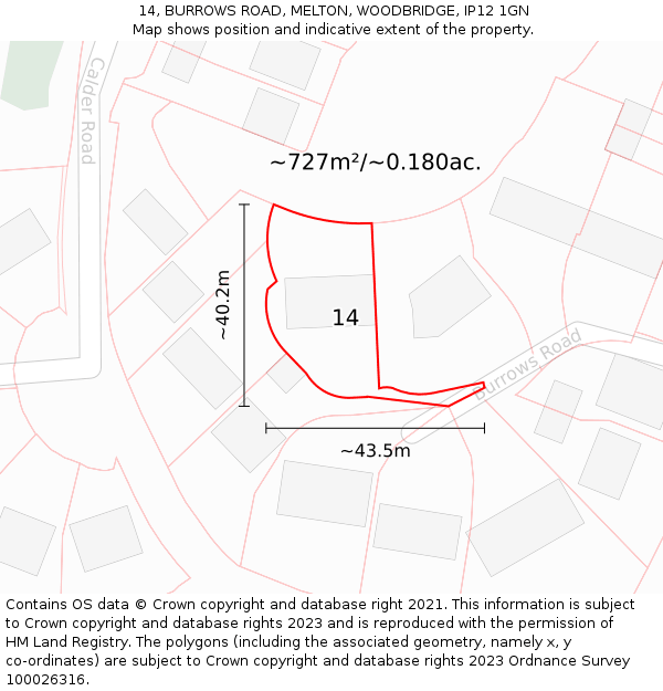 14, BURROWS ROAD, MELTON, WOODBRIDGE, IP12 1GN: Plot and title map