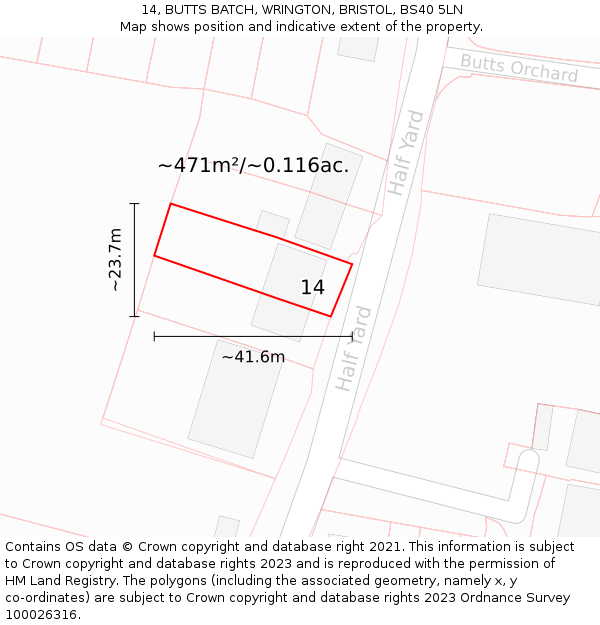 14, BUTTS BATCH, WRINGTON, BRISTOL, BS40 5LN: Plot and title map
