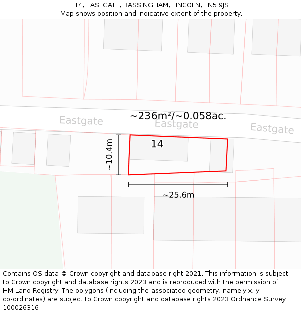 14, EASTGATE, BASSINGHAM, LINCOLN, LN5 9JS: Plot and title map