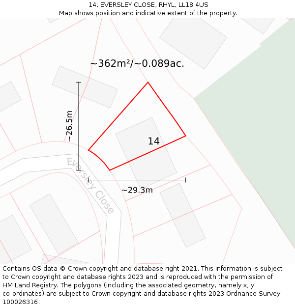 14, EVERSLEY CLOSE, RHYL, LL18 4US: Plot and title map
