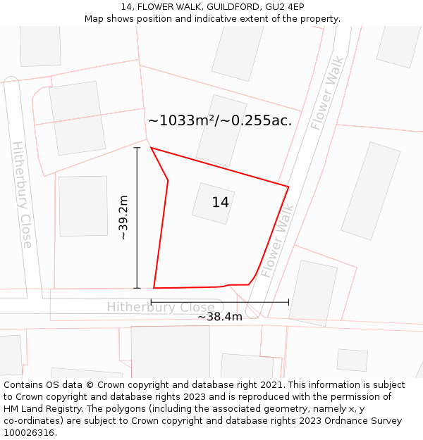 14, FLOWER WALK, GUILDFORD, GU2 4EP: Plot and title map