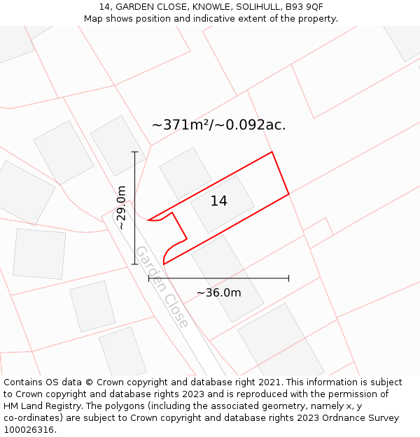 14, GARDEN CLOSE, KNOWLE, SOLIHULL, B93 9QF: Plot and title map