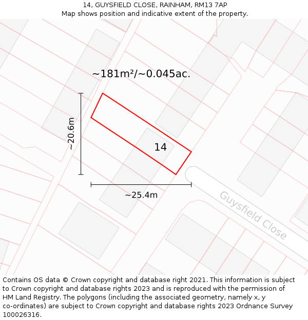 14, GUYSFIELD CLOSE, RAINHAM, RM13 7AP: Plot and title map