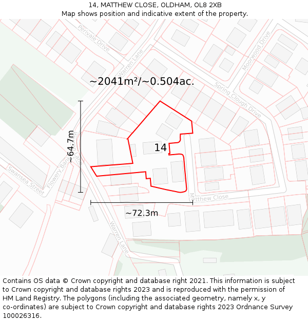 14, MATTHEW CLOSE, OLDHAM, OL8 2XB: Plot and title map
