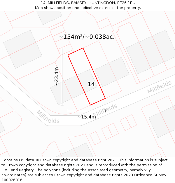 14, MILLFIELDS, RAMSEY, HUNTINGDON, PE26 1EU: Plot and title map