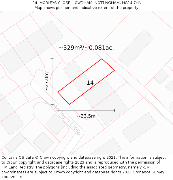 14, MORLEYS CLOSE, LOWDHAM, NOTTINGHAM, NG14 7HN: Plot and title map
